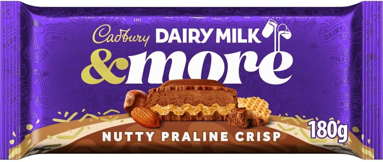 Cadbury Dairy Milk & More Nutty Praline Crisp Chocolate Bar, Treat for Sharing, Snacking & Gifting 180 g (Pack of 1)