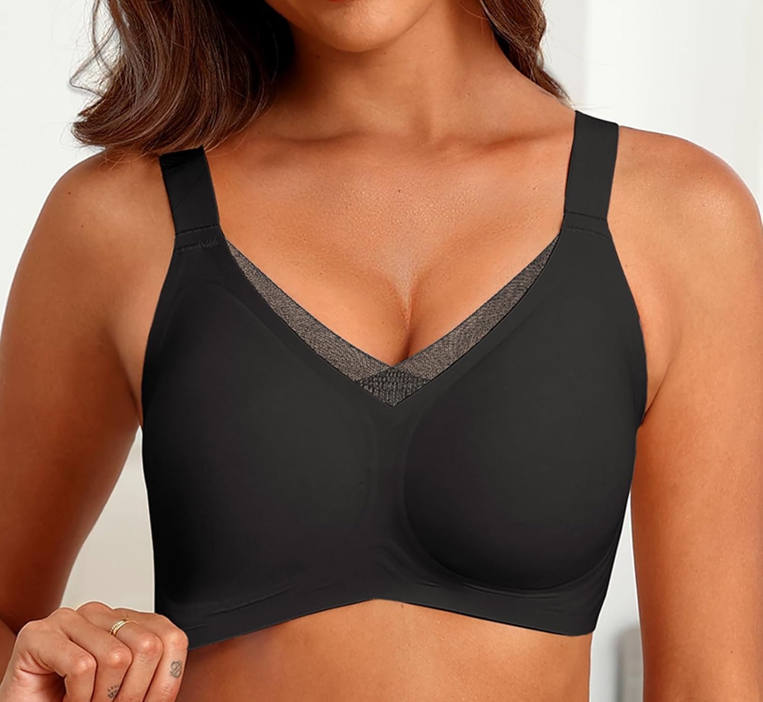 SHIJIALI Wireless Push Up Bra V Mesh Detail Wide Straps Seamless Comfort Support Lift Full Coverage Everyday Bralettes - Image 5