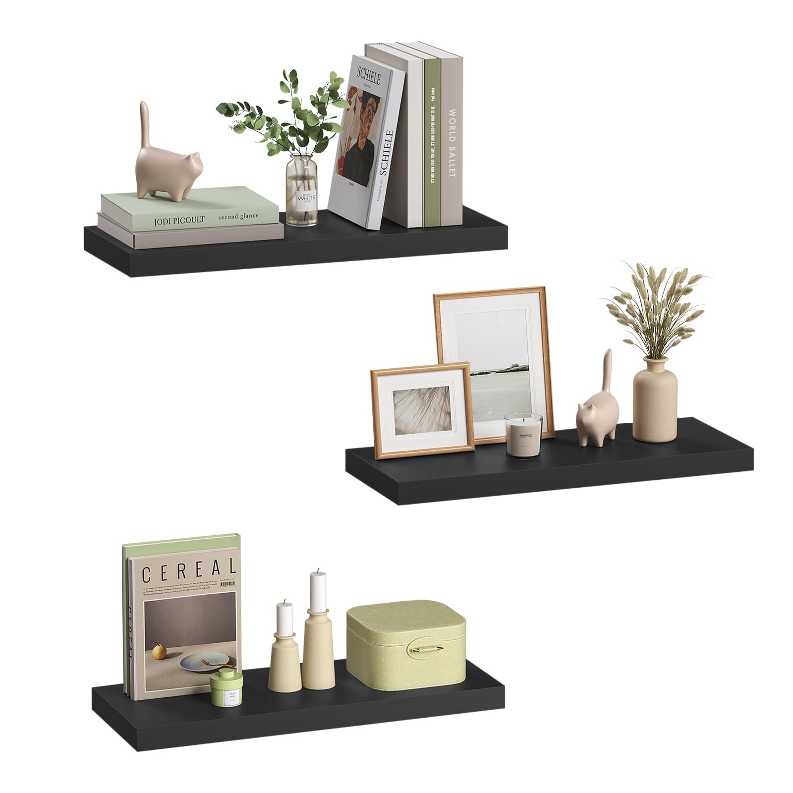 eSituro 3 Pcs Black Floating Shelves, 60cm Wooden Modern Shelf, Bedroom — image 1