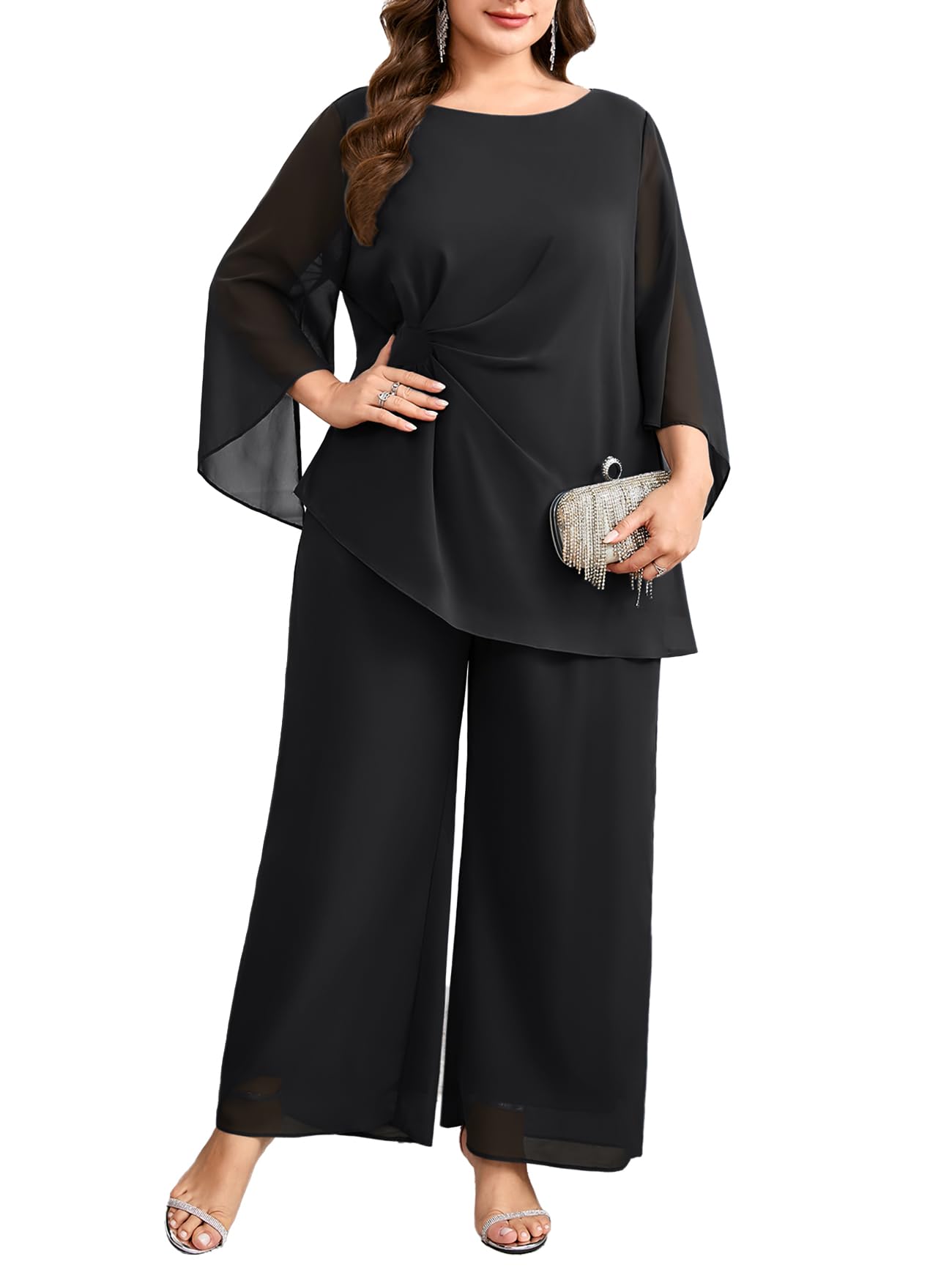 cyclamen Plus Size Mother of Bride Pant Suits 2 Piece Chiffon Sets Asymmetric Wedding Guest Outfit-picture-21