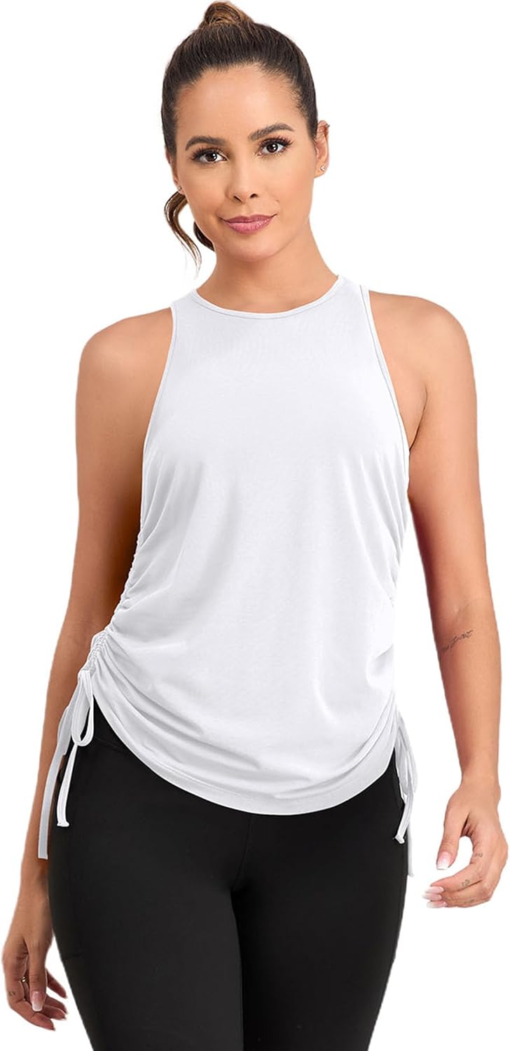 Pima Cotton Workout Tops for Women Drawstring Ruched High Neck Yoga Tops Sleeveless Athletic Running Tank Tops