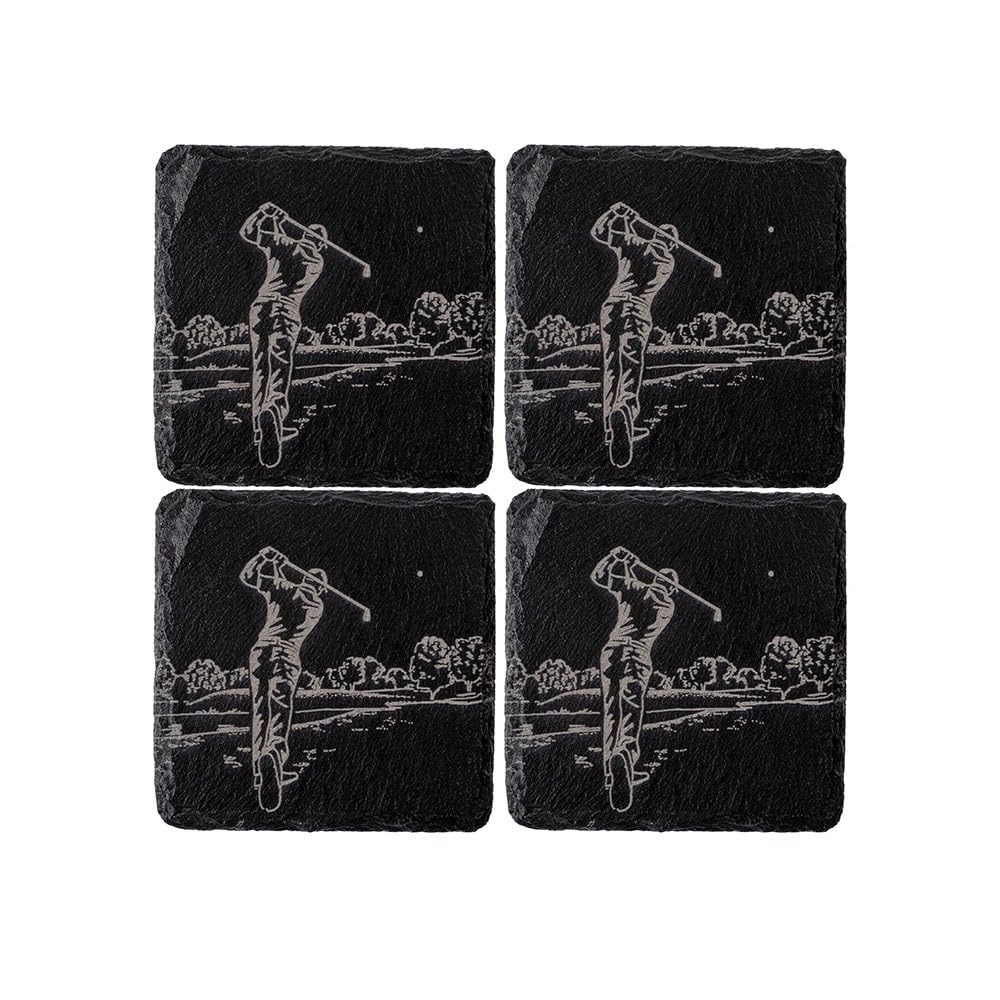 Slate Coasters. Set of 4 with Golf design. 11cm x 11cm Square coasters. Drinks Coasters Gift for golf enthusiast