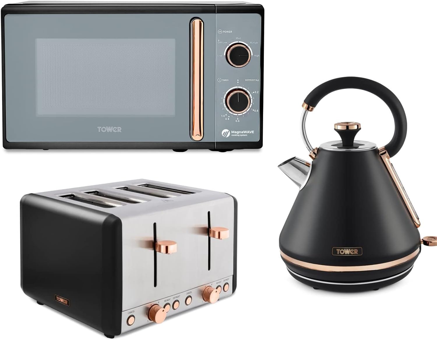 Tower Cavaletto Black & Rose Gold 3KW 1.7L Pyramid Kettle, 4 Slice 1800W Toaster & 800W 20L Microwave. Contemporary Matching Kitchen Electrical Set in Black & Rose Gold
