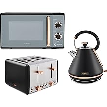 Tower Cavaletto Black & Rose Gold 3KW 1.7L Pyramid Kettle, 4 Slice 1800W Toaster & 800W 20L Microwave. Contemporary Matching Kitchen Electrical Set in Black & Rose Gold