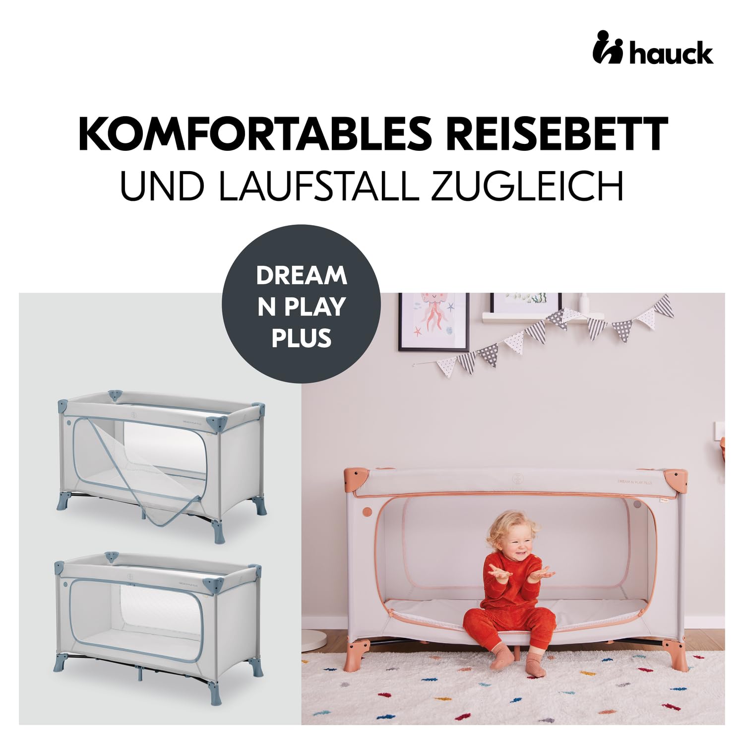 hauck Reisebett Baby mit XL Spielöffnung, Dream N Play Plus Dusty Blue | Klein zusammenklappbar mit Tragetasche ab Geburt bis 15 kg / 3 Jahre, 2in1 Kinderreisebett & Laufstall (ohne Matratze)