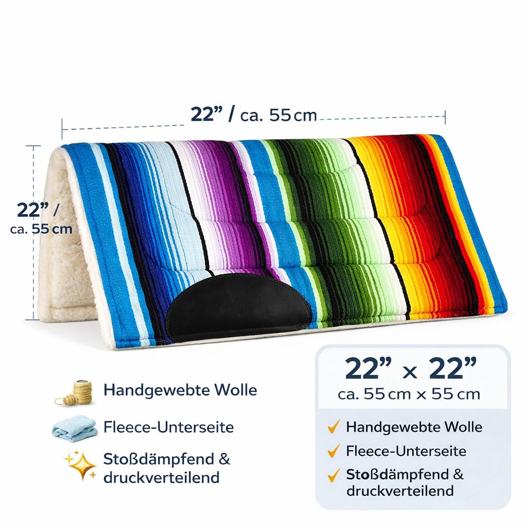 EquiSportsProducts Mustang Serape Pony Pad 22 x 22 Zoll (55 x 55 cm) – Sattelpad aus handgewebter Wolle mit Fleece-Unterseite, stoßdämpfend & druckverteilend, bunt