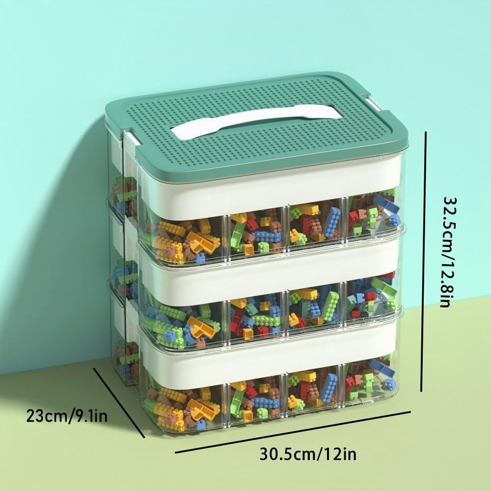 Bausteine Aufbewahrungsbox,Zum Zusammenbau Von Spielzeugpartikel-bausteinen(Mit Aufbewahrungsbox), Sortierboxen Spielzeug Bausteine Aufbewahrung Mit Fächern,Storage Box,Kisten(Grün, 3-Schicht)