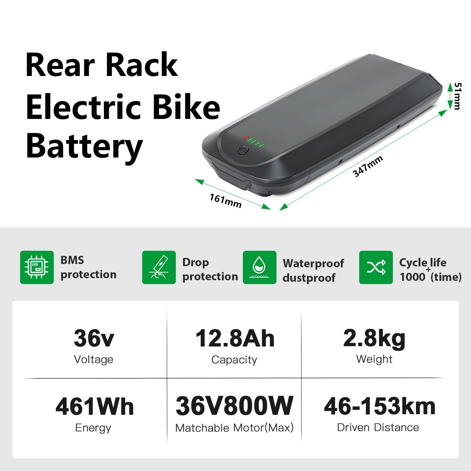 YOSE POWER Batterie Porte‑Bagages YJ145 36V 12,8Ah pour Moteur 36V 50W‑800W