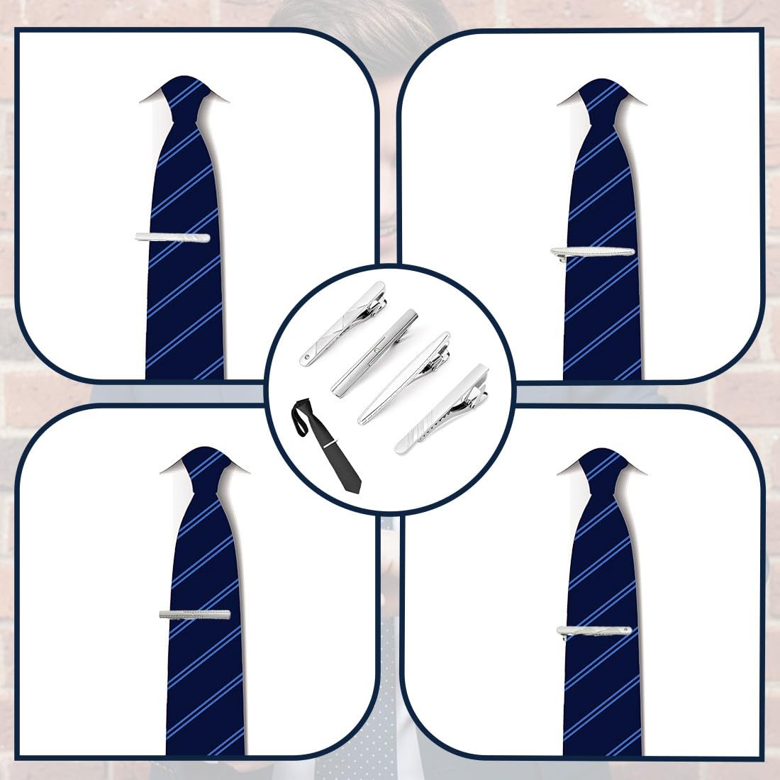 Set di 4 Fermacravatta Uomo in Metallo Colore Argento, Fermacravatte Eleganti per Matrimonio Business e Uso Quotidiano