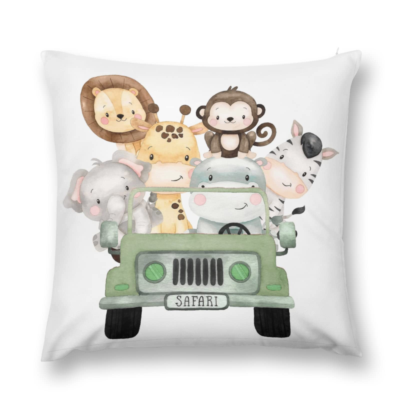 Baby Boy Girl Nursery Safari Animal Truck Decorative Pillowcase Throw Pillow Cover, Jungle Cushion Case Bedroom Playroom Baby Shower Decor, Elephant Zebra Giraffe Lion Neutral Kid Gift 18x18