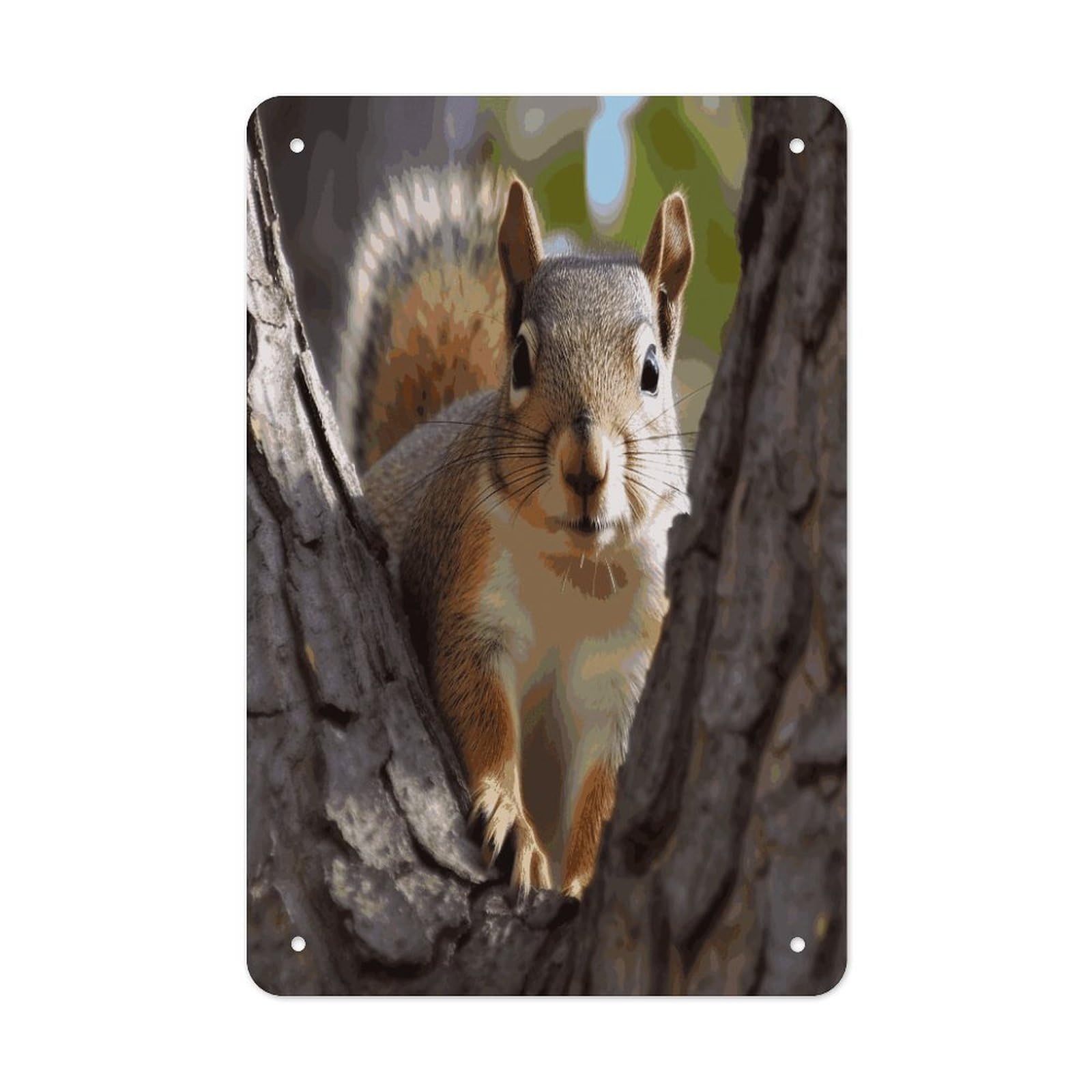 LDGSUPH Squirrel in The Tree Wall Art Prints Folded Edge Iron Sheet Painting with Holes for Wall Prints Decorative Picture Metal Signboard Decor Painting for Outdoor Indoor Wall Decor