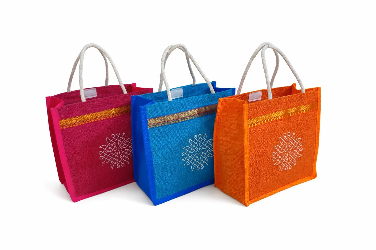 PIXEL BAGS Designer Jute Gift Bag 10x10x4 Inches – Kolam Print with Zari Border, Closure, Front & Back Jute with Nonwoven Sides, Reusable Wedding & Return Gift Hamper Bag | Breathable material-image-35