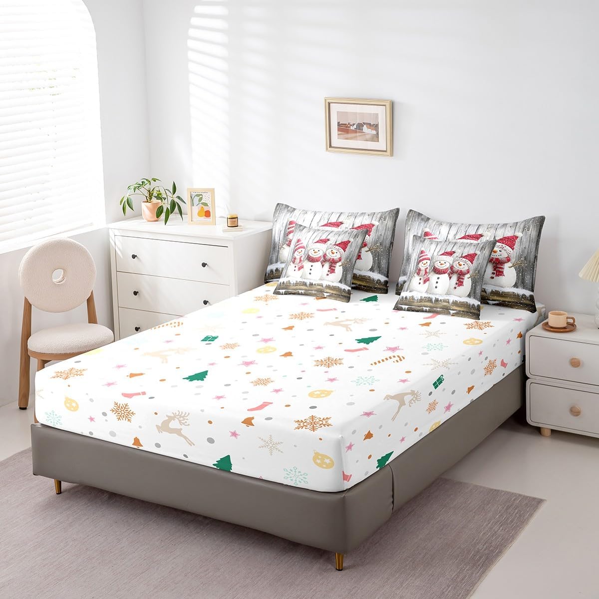 Snowman Bedding Set 7 Pieces Full,Merry Christmas Comforter Sets,Retro Wooden Board All Season Bedding Comforter Sets with 1 Comforter,2 Pillowcases,2 Pillow Covers,1 Flat Sheet,1 Fitted Sheet