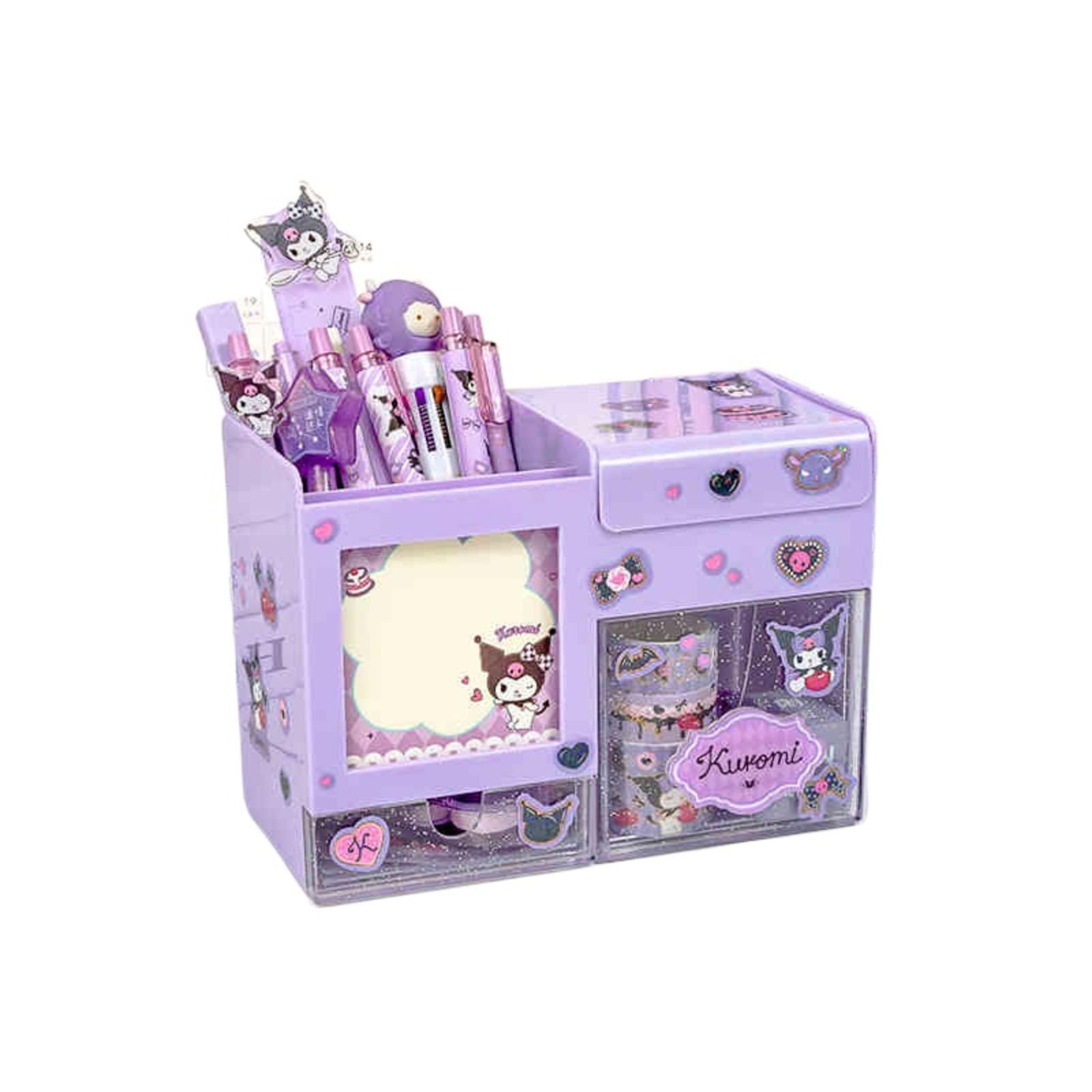 Caja de almacenamiento de escritorio kawaii, portalápices para niños con dos cajones, decoración de almacenamiento de escritorio para estudiantes de niñas creativas multifuncionales,Púrpura