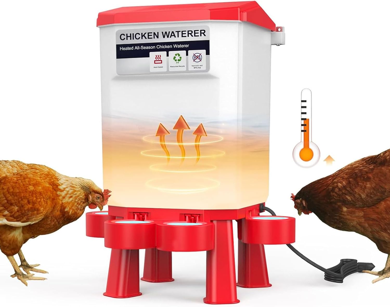 Chicken Water Heater 11L Plastic, Heated Chickens Waterer 3 Gallon, Hanging Poultry Hot Water Bowl with Detachable Legs for Winter and Summer Outdoor Coop for Turkey Goose Duck Pigeon (Red)