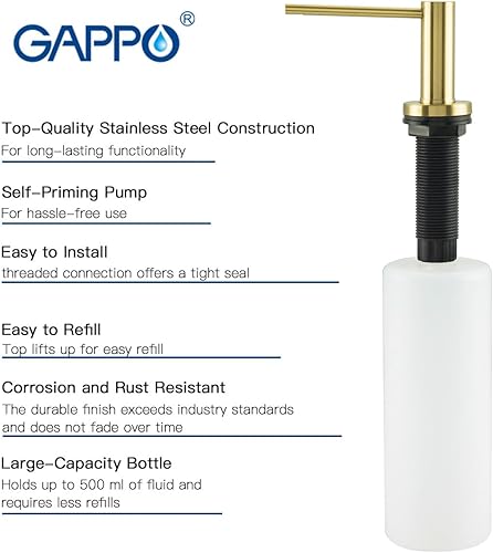 Miniatura 7 de GAPPO - Dispensador de jabón de níquel cepillado para lavaplatos, dispensador para en integrado con botella y bomba