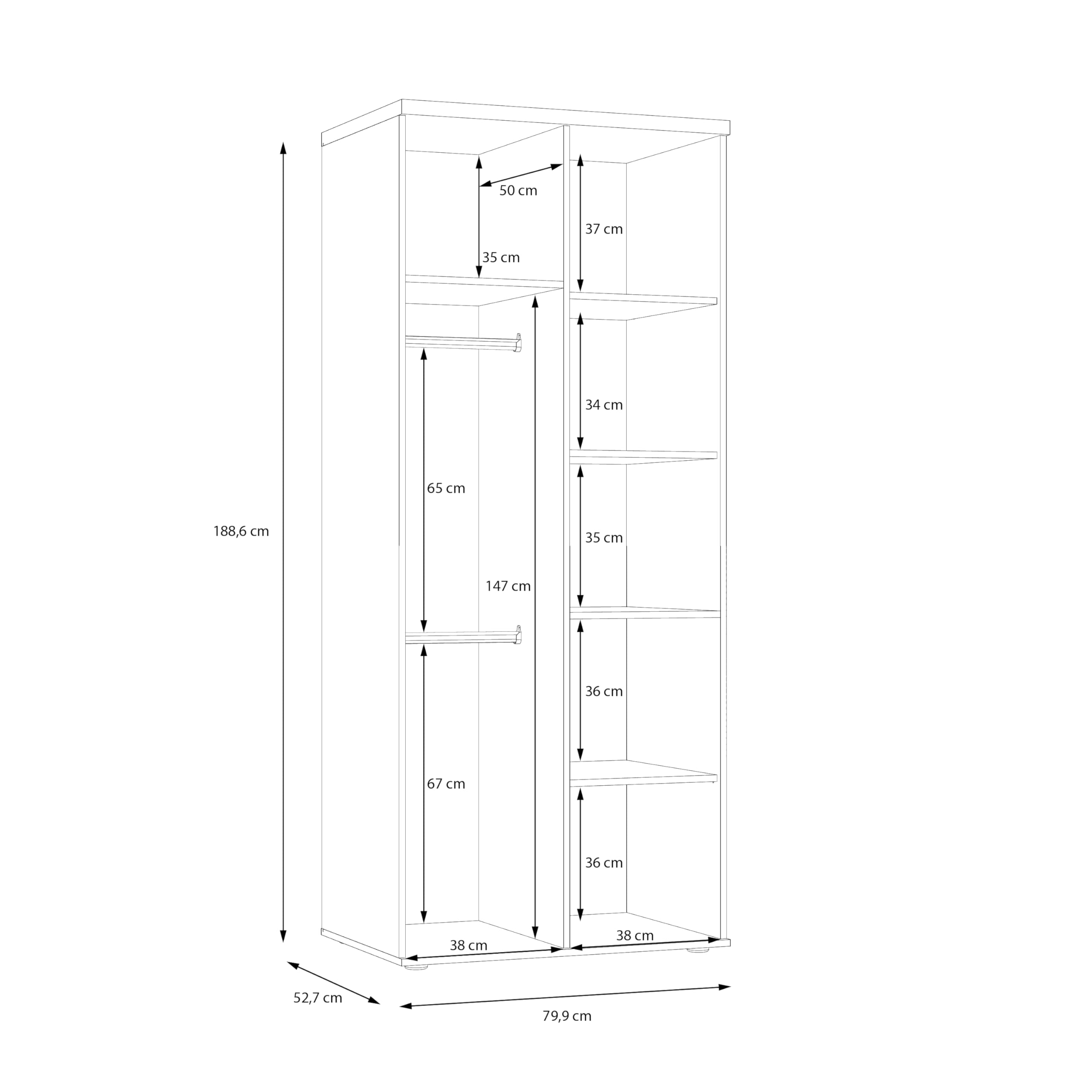 Forte WINNIE Schrank 80, moderner Kleiderschrank, Kinderzimmerschrank, Schlafzimmer, Skandinavischer Stil, 2-türig, Sonoma Eiche Holzdekor/ Weiß, 80 cm breit x 189 cm hoch x 53 cm tief