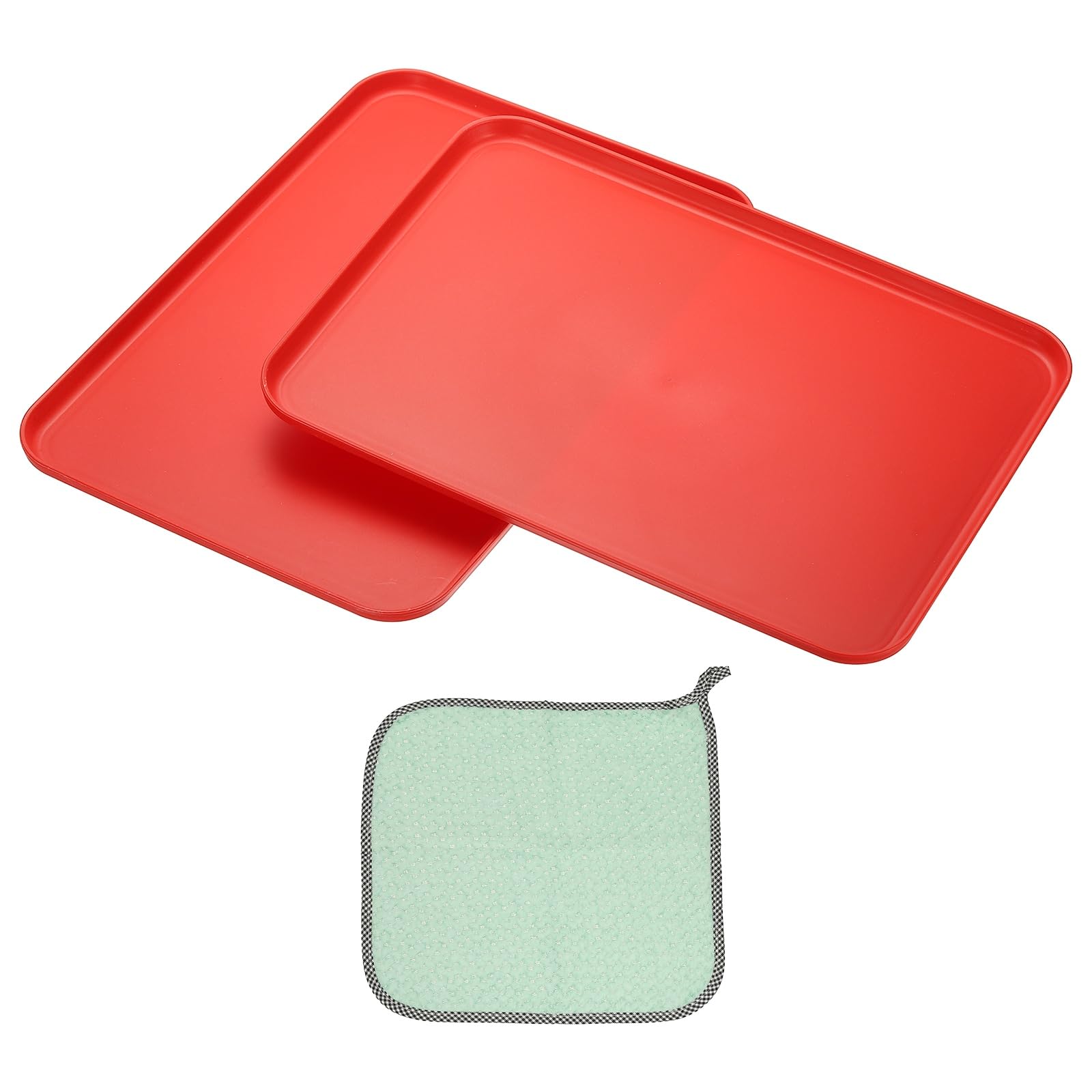 PATIKIL 15x10.6 Plastic Tray, 2 Pack Rectangular Plates Food Tray Wheat Plates Dishes Reusable Dessert Plate Trays with Cloth for Cake Fruits Salad Cupcake Steak Serving Red