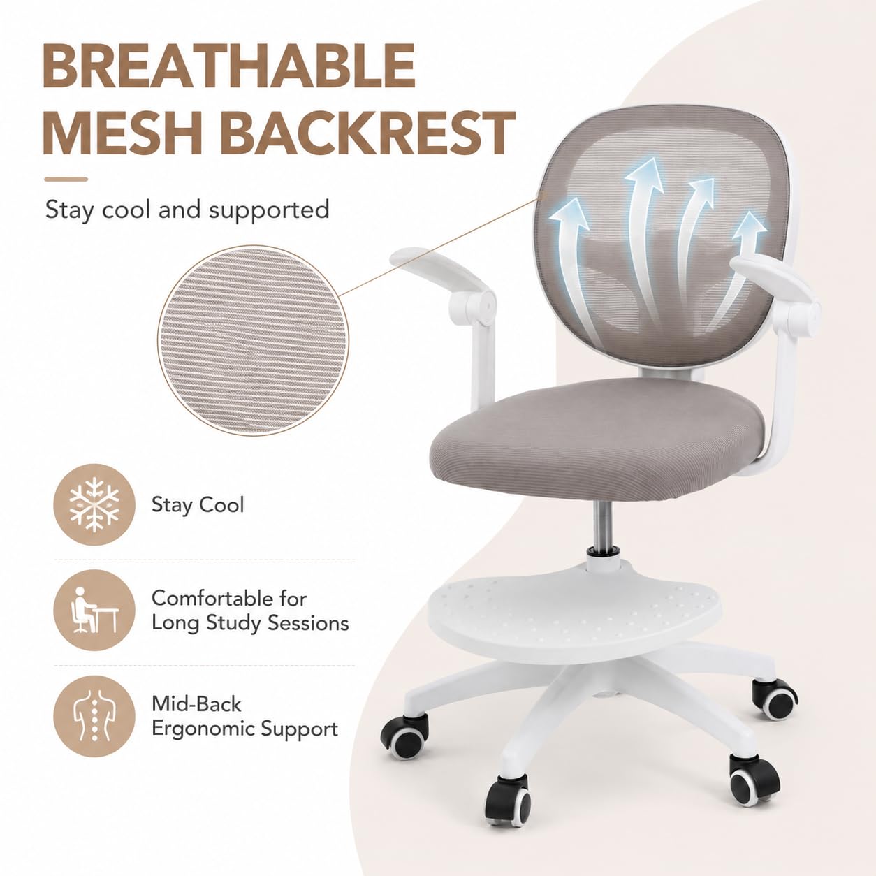 Sedia da scrivania per bambini, regolabile in altezza, 50 kg, grigio | rete, schiuma, forma a sella, pieghevole a 90°, 50 kg, ruote a gravità, girevole a 360°, seduta da 10 cm + poggiapiedi, 5-13J