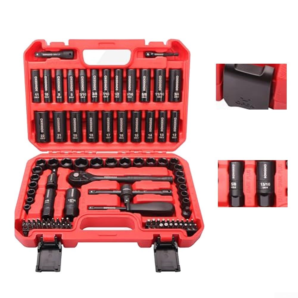 Lot de 95 douilles 3/8" en acier CR-V avec poignée à cliquet, tailles métriques et SAE, douilles profondes à 6 pans pour réparation automobile et générale
