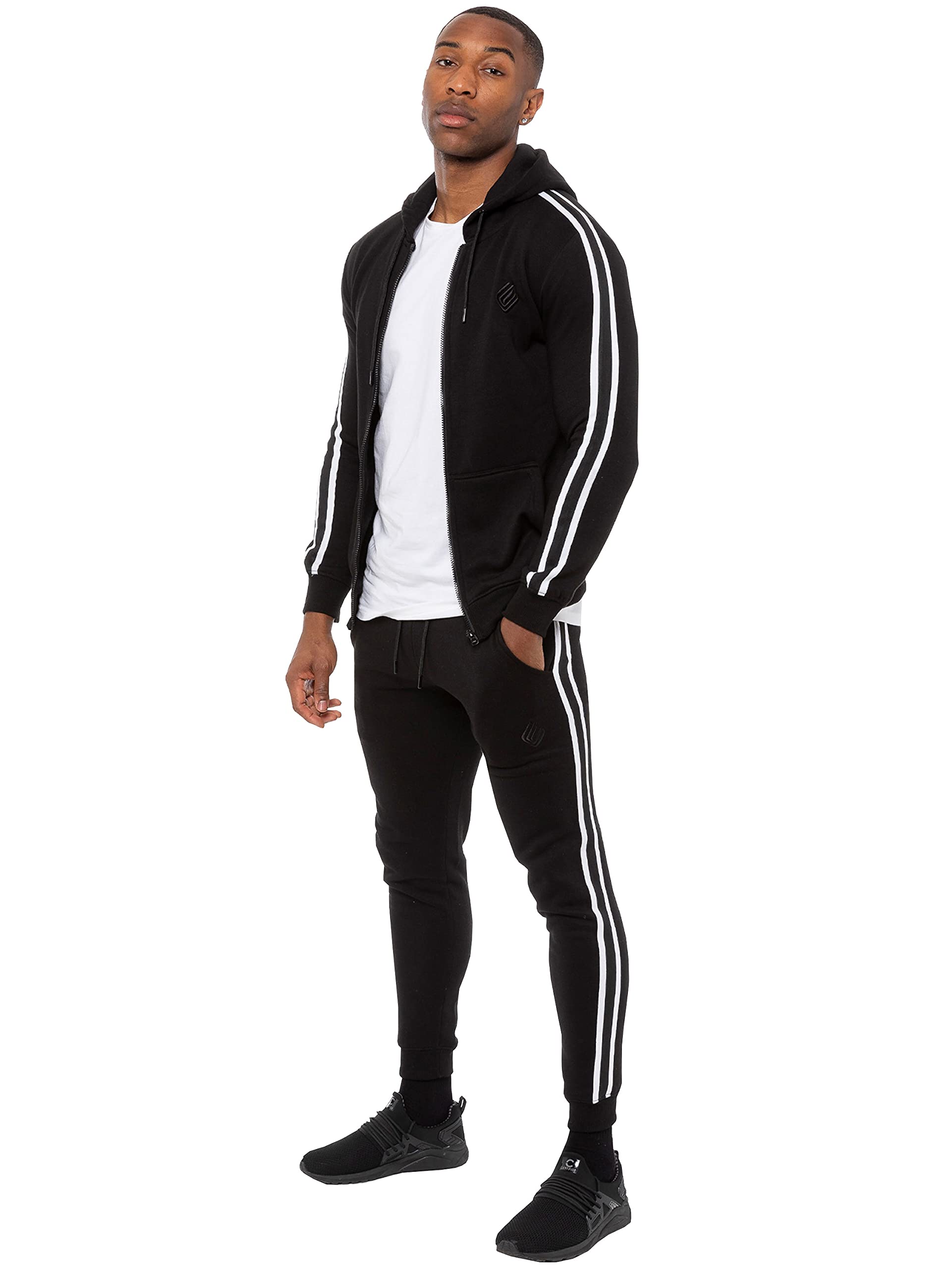 Enzo Mens Full Tracksuit Set Regular Fit Striped Casual Zip Up Hoodie Joggers Gym Jogging Bottoms Hoody Top Sweat Pants Size S - XXL (Black, XL, x_l)
