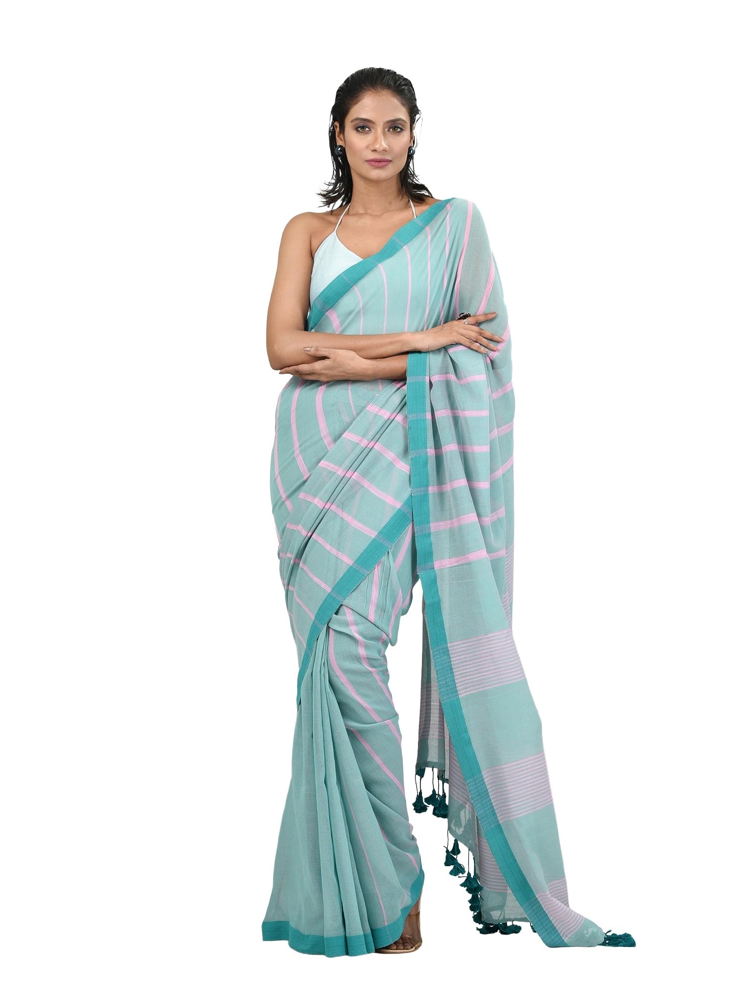 Mint Green Cotton Soft Saree With Stripe Pattern-image-20