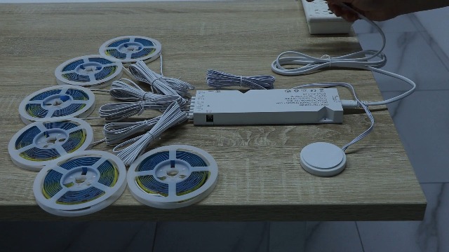 Image of Under Cabinet LED Lighting kit, 6 PCS 6500K White LED Strip Lights Penetrable Wood Touch Dimmable COB LED Strip with 60W Adapter for Kitchen Cabinet,Counter,Shelf,TV Back,Showcase