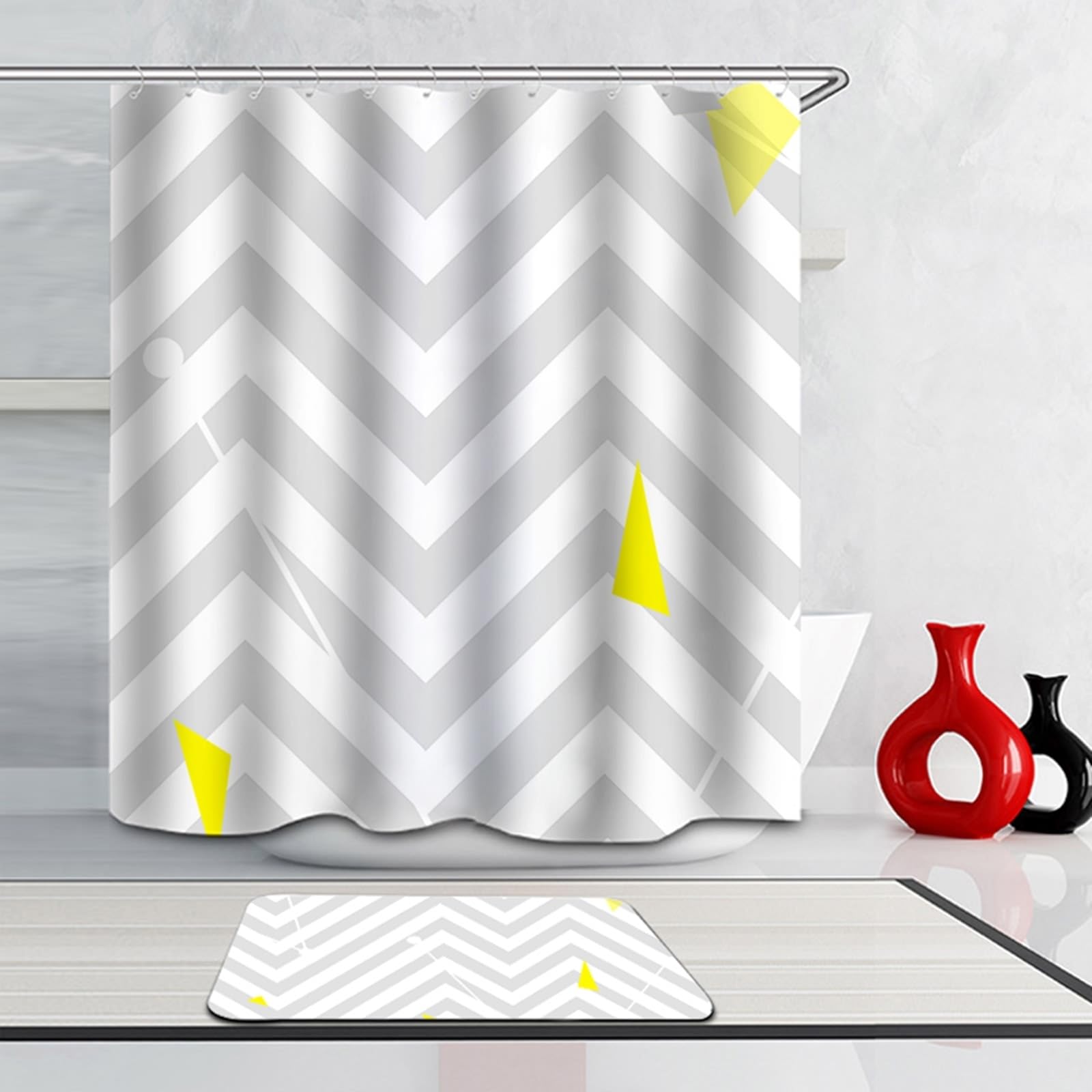 Cortina de ducha gris y blanco, 165 x 200 cm, para baño, diseño de líneas onduladas blancas y grises, cortina de baño, poliéster, lavable, tela 1,65 x 2 m de largo (ancho x alto) con anillas