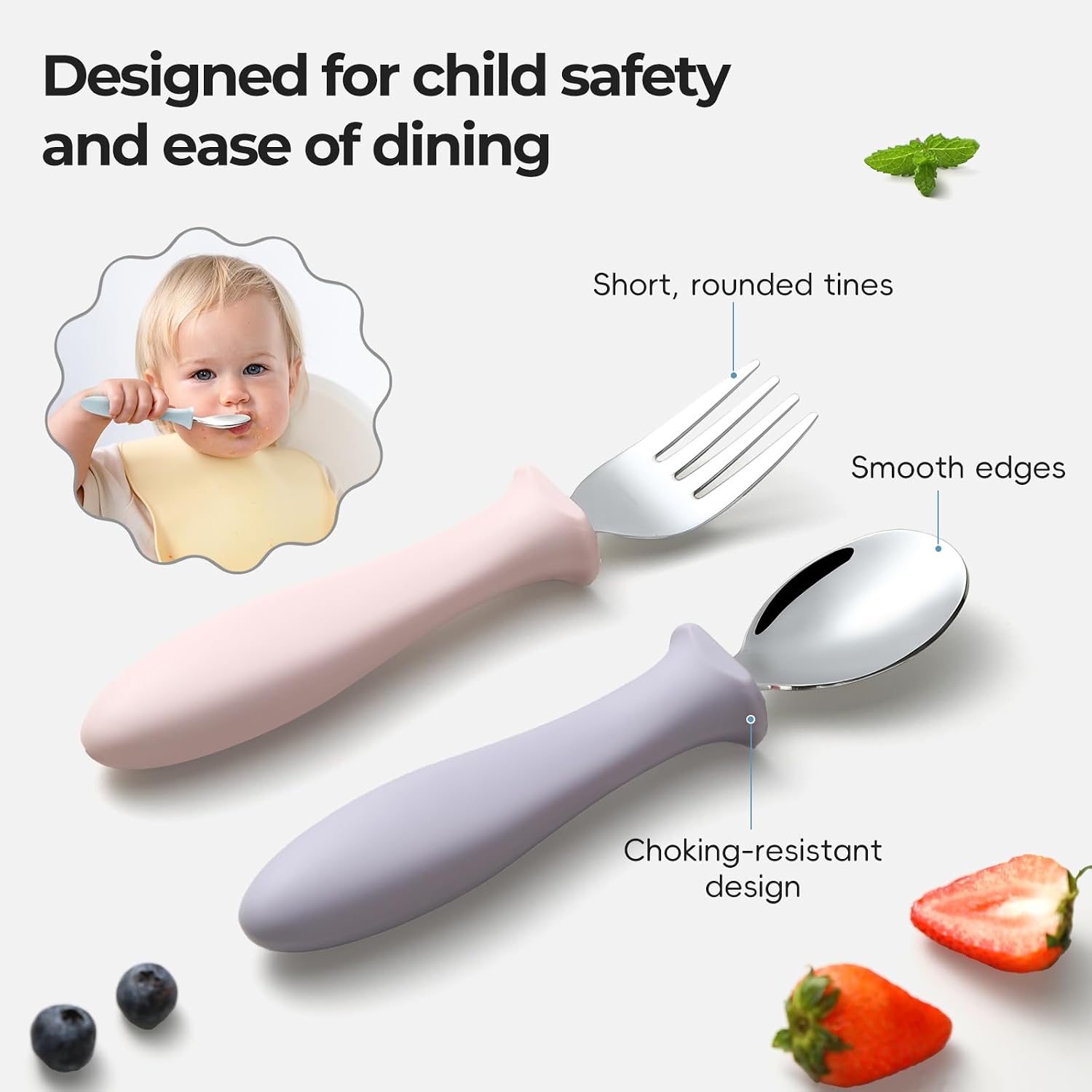 6 PCS Toddler Utensils Kids Silverware Set with Silicone Handle Children Food Grade 18/8 Stainless Steel Toddler Forks and Spoons Safe Anti-Choke Design Mirror Polished Sturdy Durable Dishwasher Safe