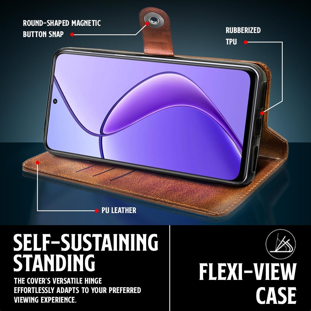 WOW IMAGINE Shockproof Flip Cover Back Case for Realme 13 5G | Realme 12 | 12X | Narzo 70x | C65 | N65 (Designer Button Flip Case With Inbuilt Wallet Pockets, Leather Finish, Alder Brown)