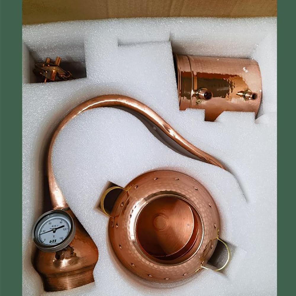 Alambic Moonshine en Cuivre Pur 3 L, Extracteur D'huiles Essentielles, Kit De Brassage Maison avec Thermomètre Et Tuyau De Refroidissement, Méthode De Refroidissement par Eau