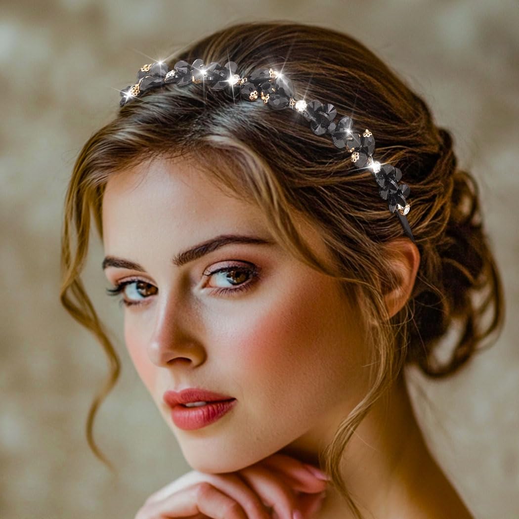 IYOU Vintage Crystal Headband Black Shiny Rhinestone Hair Bands Party Prom Headwear Hair Accessories for Women - Image 3
