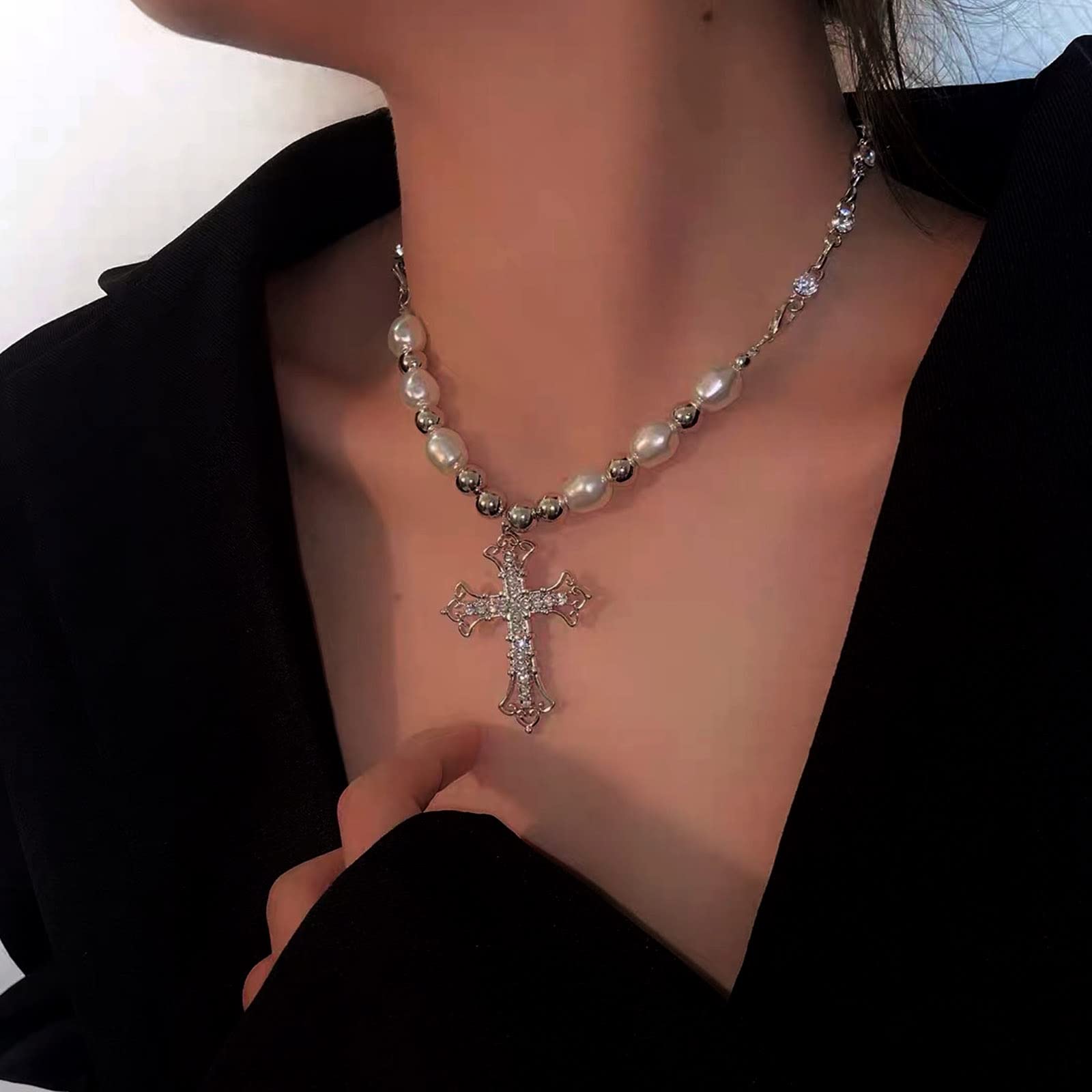 Y2K Collana con croce zircone cavo Collane con ciondolo croce con strass color oro argento per le donne nuovi gioielli con collana gotica  36