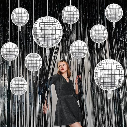 Image of 10 Pcs Disco Ball Balloons 32 /10 4D Ball Balloons Metallic Silver Disco Mylar Balloon Chrome for Birthday Bachelorette 70s 80s 90s Themed Graduation Retro New Year Eve Prom Party Decorations