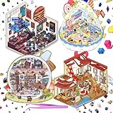 4 Sets DIY 3D Mini Vintage House Sticker Scenes with Tweezers Make Your Own Teacup World Smoothie Burger Shop Scene Stickers Cute Micro Animal Room Stickers for Relief Stress Pass The Time