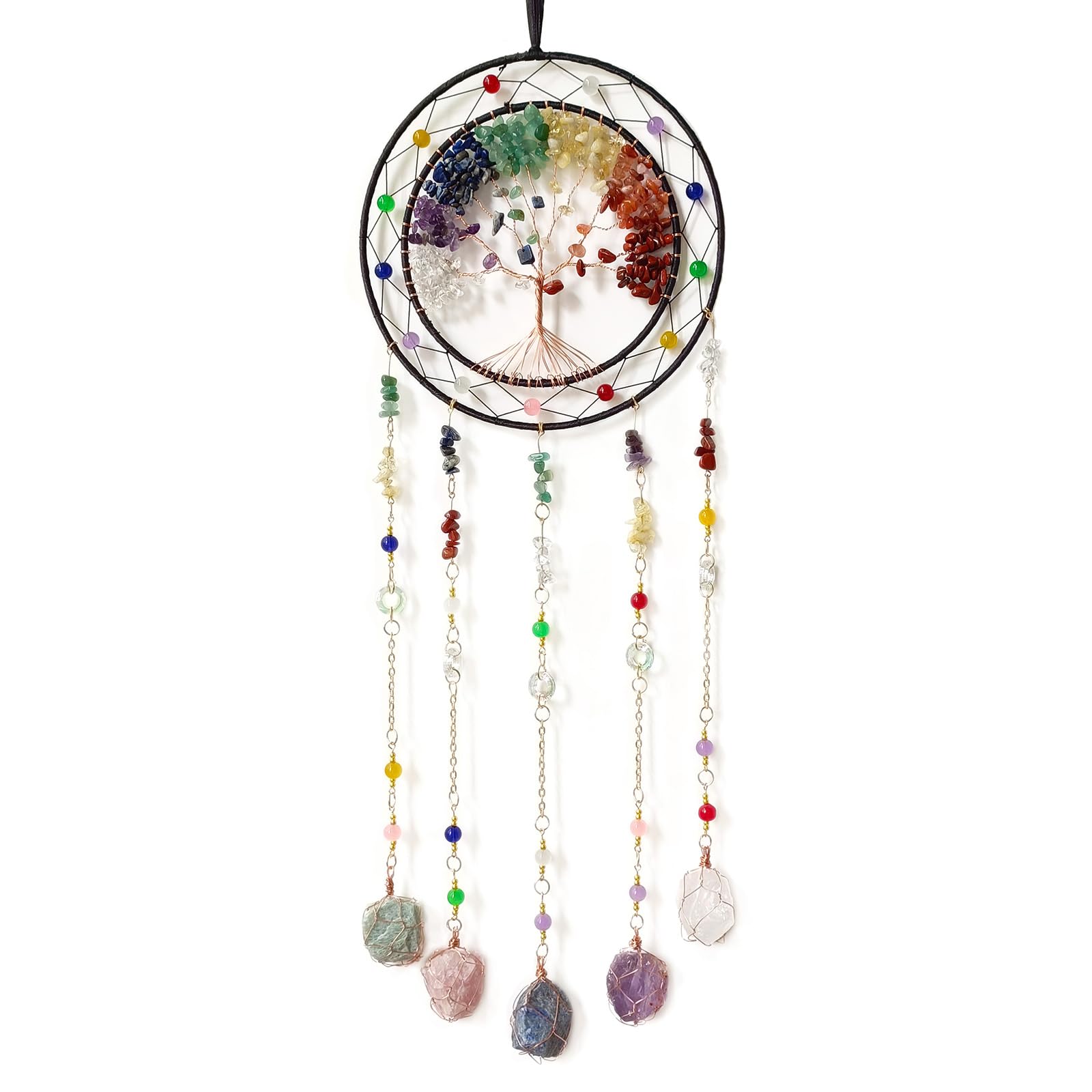 RAGKUU Crystal Tree of Life Dream Catchers with Stone Pendant Colorful Dream Catcher Wall Decor Handmade Dreamcatcher Wall Hanging Ornament for Bedroom Living Room Home Decor
