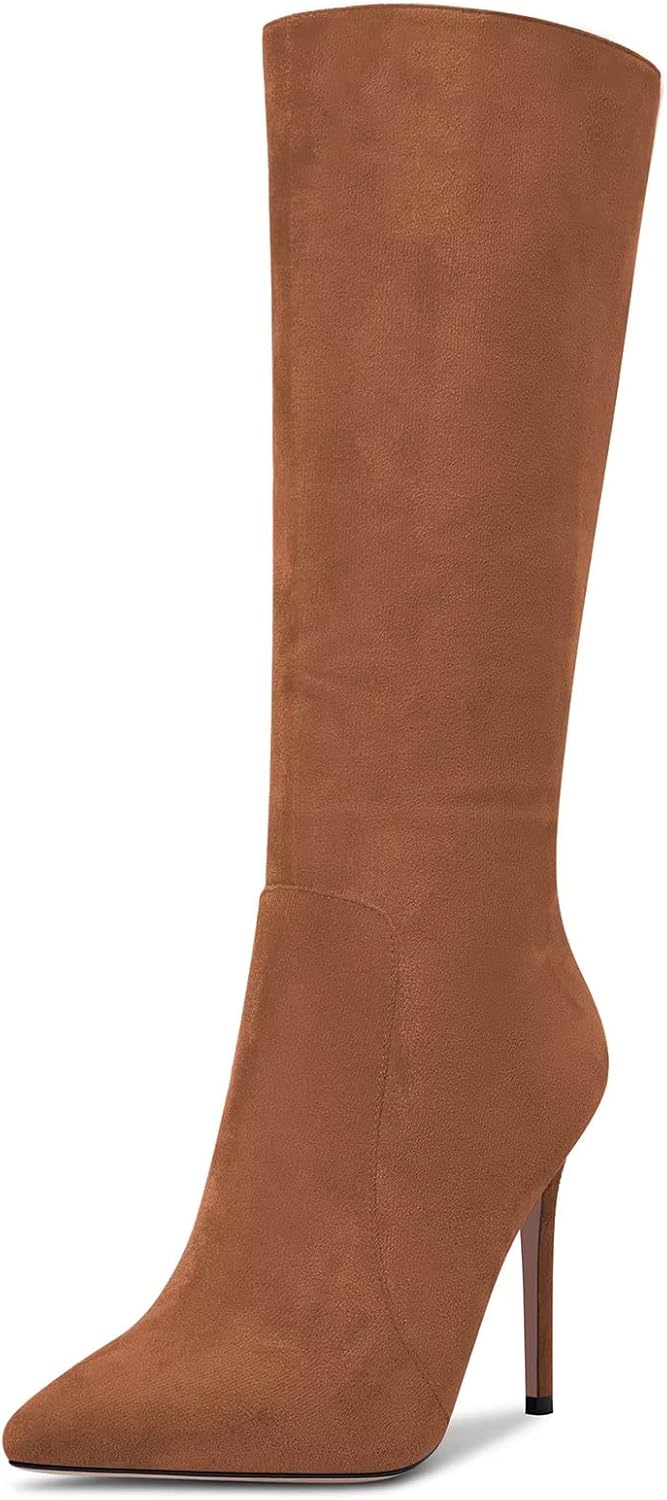 Saekcted Women Stiletto High Heel Close Pointed Toe Mid Calf Zipper Office Clear Classic Boots 3.9 Inches Heels