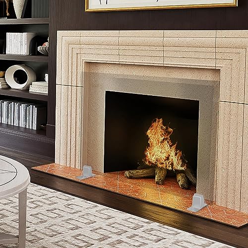 Image of Tempered Glass Fireplace Screen, 33 inch x 46 inch, Silver Base, Modern Frameless