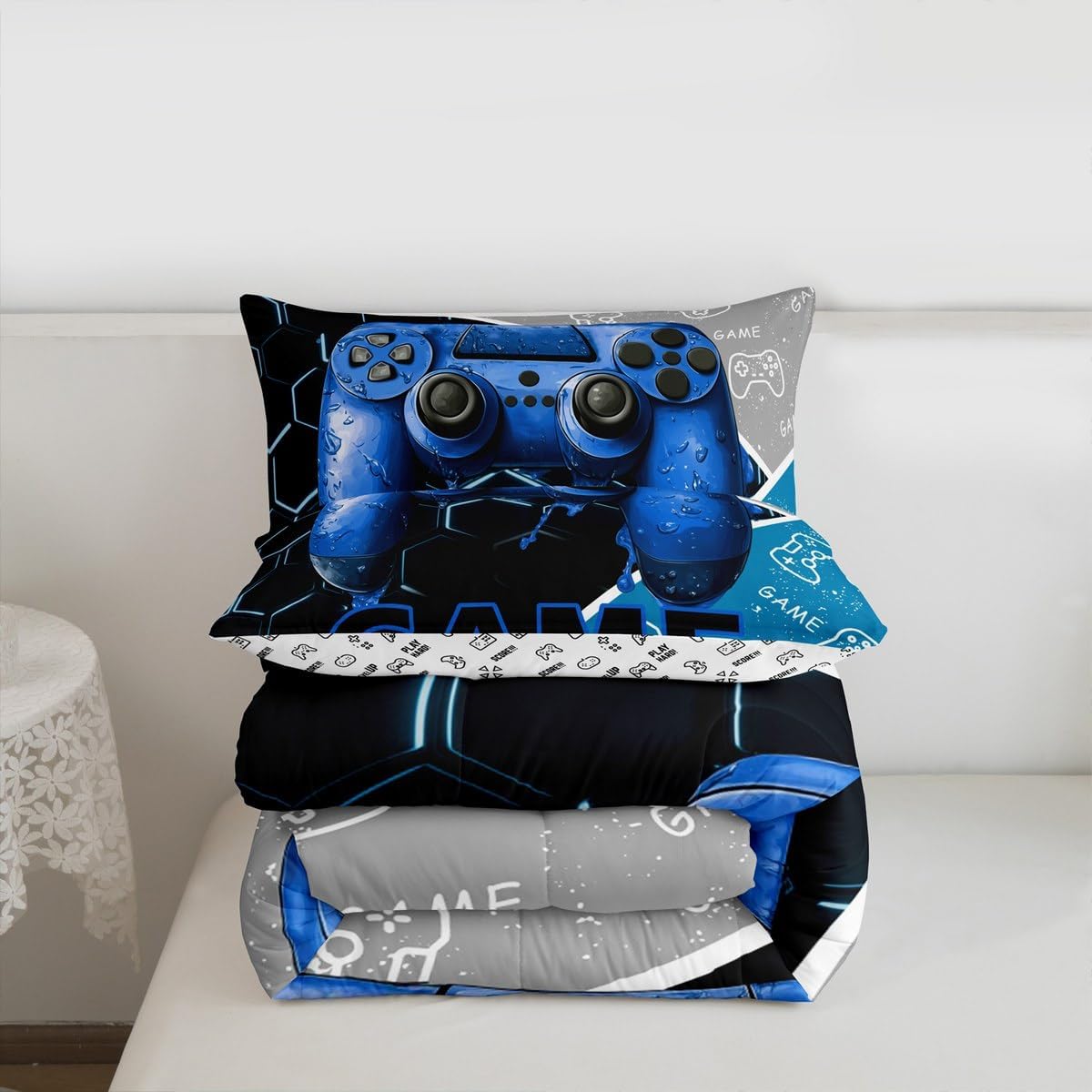 Gaming Boys Kids Comforter Set Queen Size,Blue Video Game Consoles Gamepad Reversible Bedding Set for Adult,Geometric Honeycomb Gamer Room Decor Luxury Bed Duvet Insert, 2 Pillowcases
