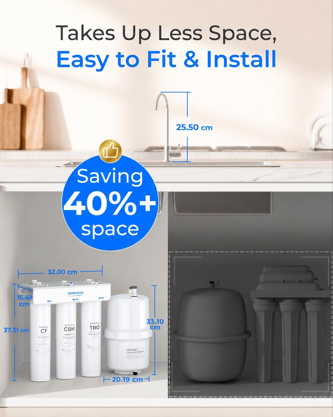 Waterdrop T3-T, Sistema de Ósmosis Inversa 7 Etapas con Remineralización, Flujo Rápido de 220 GPD, Relación 2:1 (Agua Pura/Desecho), Certificado NSF/ANSI 372 Sistema Debajo del Fregadero con Tanque | Certificado NSF/ANSI 372, relación agua pura/desperdici