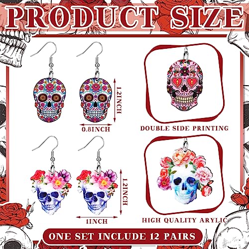 12 Pairs Day of The Dead Earrings Halloween Sugar Skull Golf Earrings Dangle Acrylic Sport Jewelry Decor Skull Gifts for Women (Novel Style)2