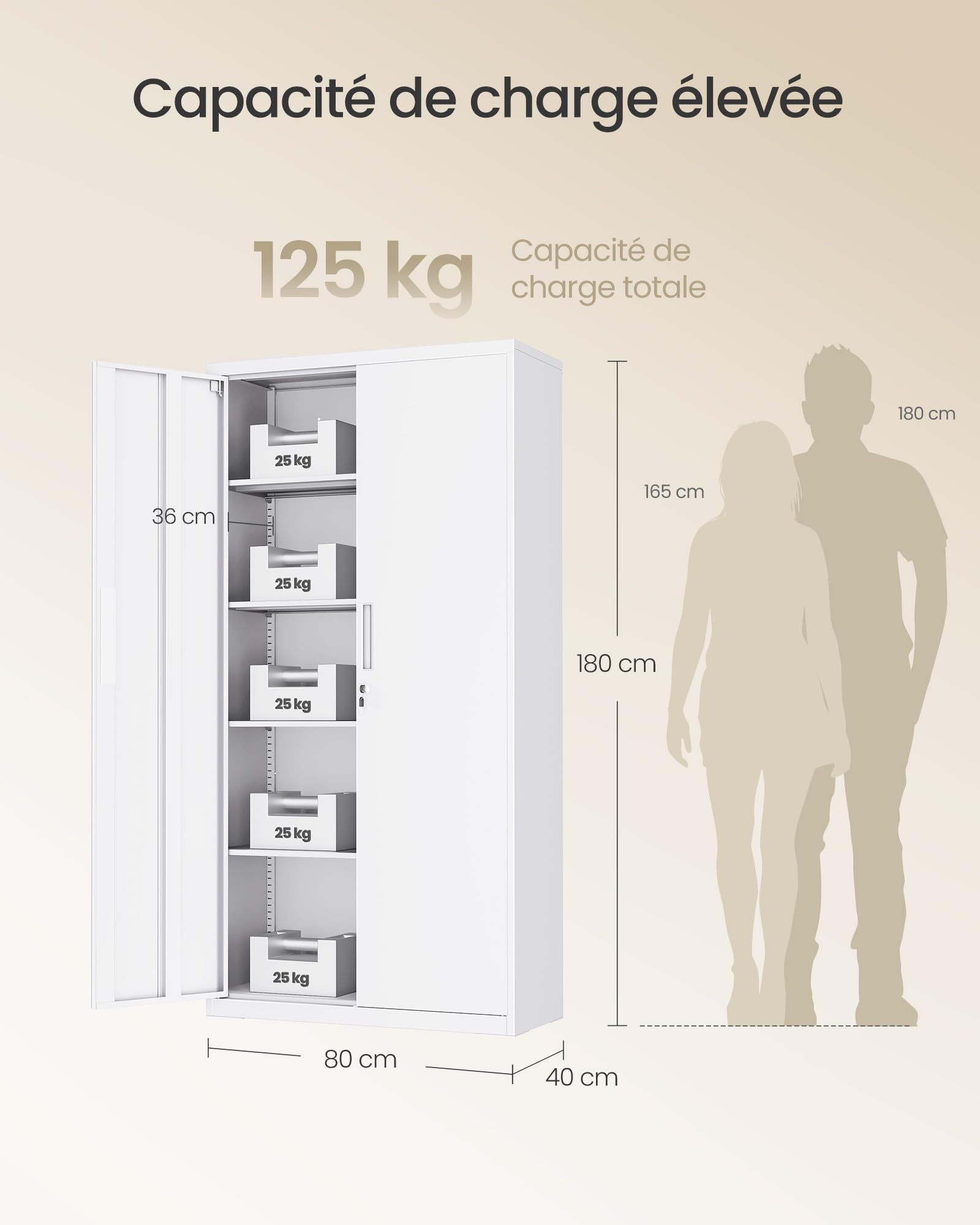 SONGMICS Meuble de Rangement Bureau, en Acier, Placard, 5 Niveaux, 40 x 80 x 180 cm, Doubles Portes, Serrure, Armoire à Outils, Étagères Réglables, pour Garage, Bureau, Blanc Mat OMC015W01