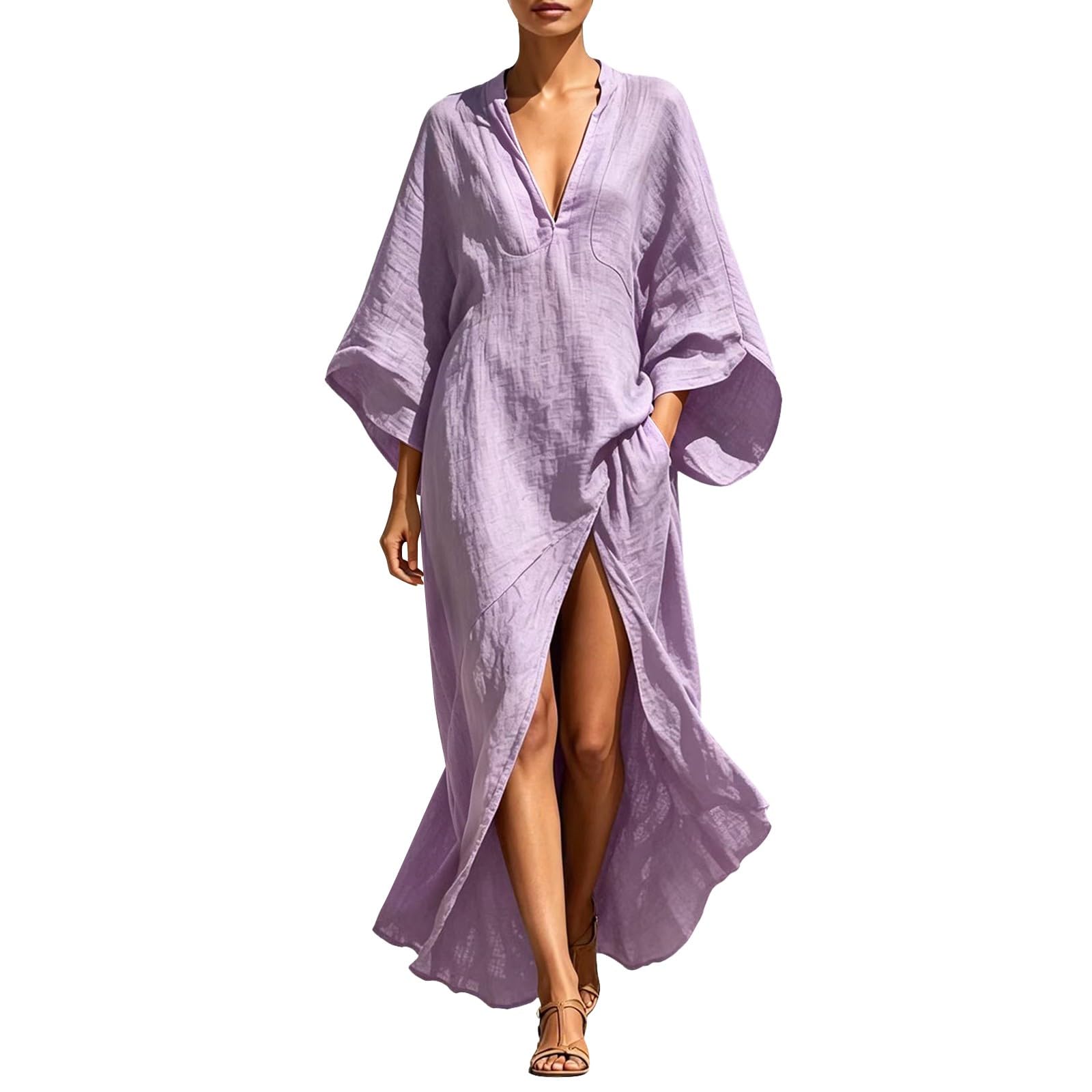 Musselin Kleid Damen Große Größen Kleider Damen Lang Sommer Musselinkleid Langarm Tunikakleid Mit Seite Split Maxikleid Atmungsaktiv Locker Schlichte Dünne Hauskleider Urlaub Strand