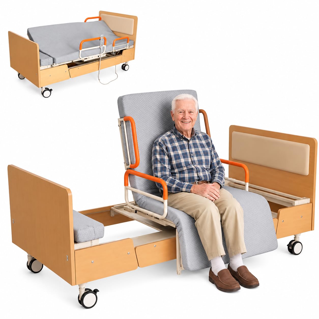 90° Rotating Full Electric Hospital Bed for Home Use, Adjustable Medical Bed with Mattress, Back &amp; Leg Adjustment, Heavy Duty Steel Frame for Elderly, Disabled, Bariatric &amp; Post Surgery Recovery