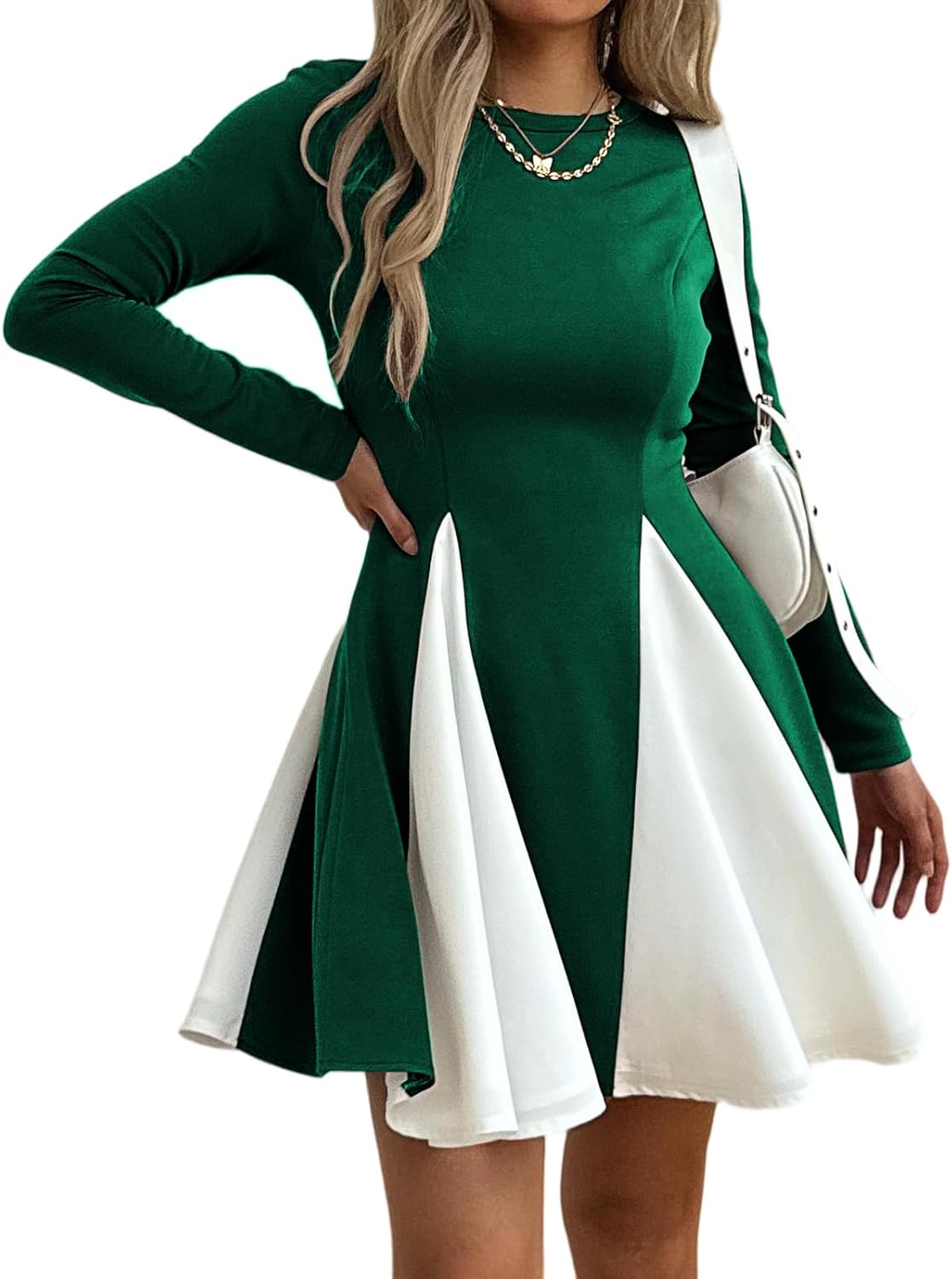 Women’s Long Sleeve Fit and Flare Dress, Color Block A-Line Pleated Swing Mini Dress Elegant Crew Neck Casual Dresses