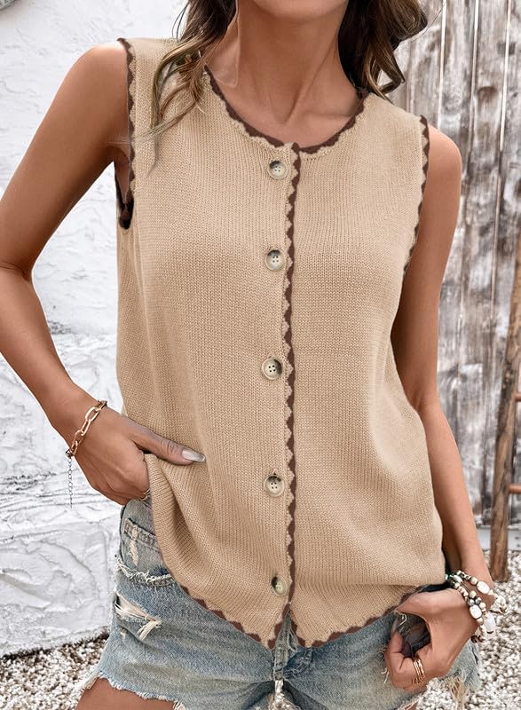 Dokotoo Vest Tops for Women 2026 Button Up Color Block Casual Sweater Vests Trendy Spring Summer Tops - Image 3