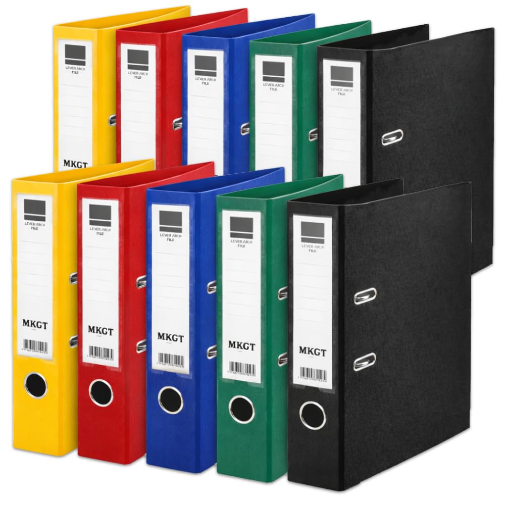 MKGT A4 Lever Arch File 75mm Spine – Heavy Duty Metal Lever Arch Mechanism, Strong Ring Binder Folder with Thumb Hole & Spine Label for Office, School & Home Filing (Assorted Set, Pack of 10)