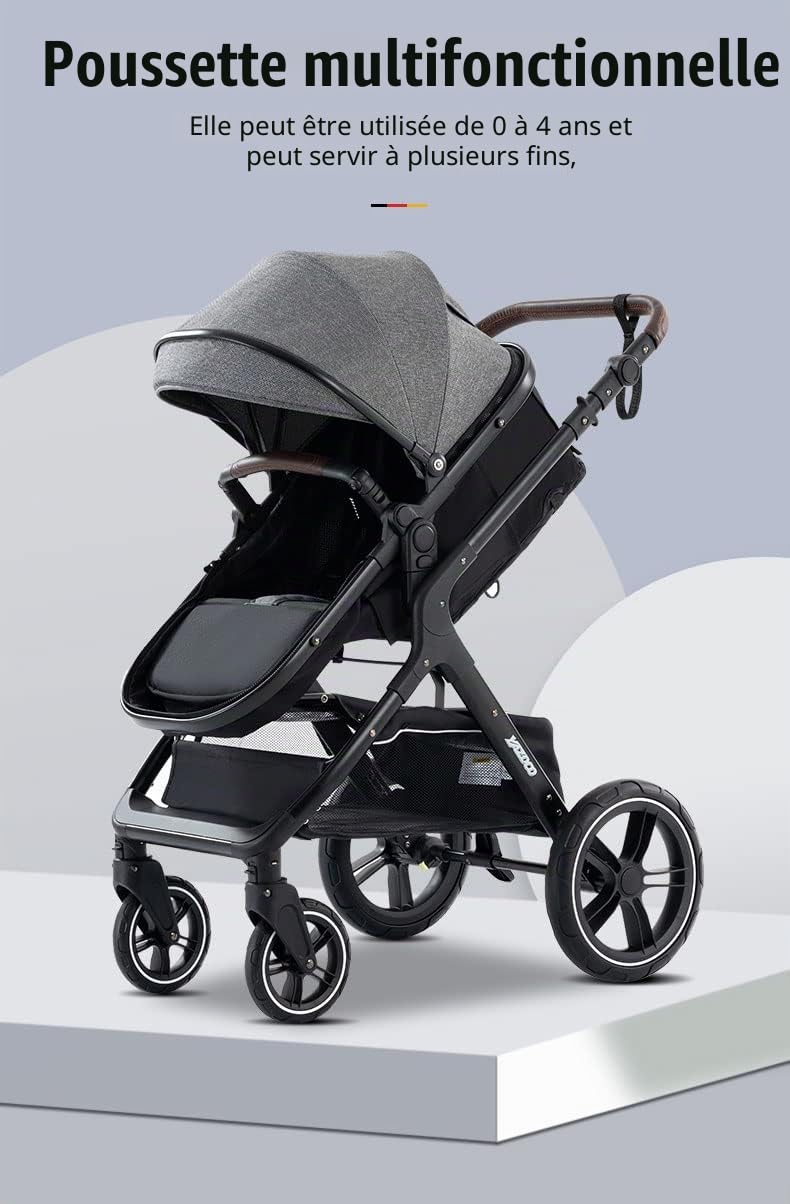 Poussette 3 en 1 Citadine Combinée Tricycle Baby Walker Haute Paysage Pliante Trolley Bébé Landau 0-36 Mois Kaki