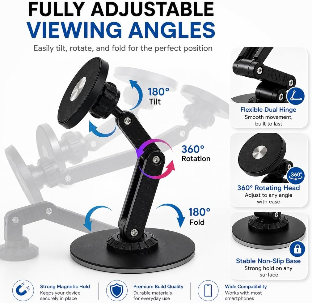 Magnetic Metal Phone Stand, 360° Swivel with Weighted Base, Multi-Angle Adjustable, Super Light Portable Hands-Free Holder for Most Smartphones Desk Bedroom (Black)