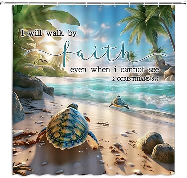 Tropical Beach Turtle Shower Curtain Seaside Marine Life Ocean Animal Coastal Island Palm Tree Summer Landscape Bathroom Decor Curtains Polyester with Hooks